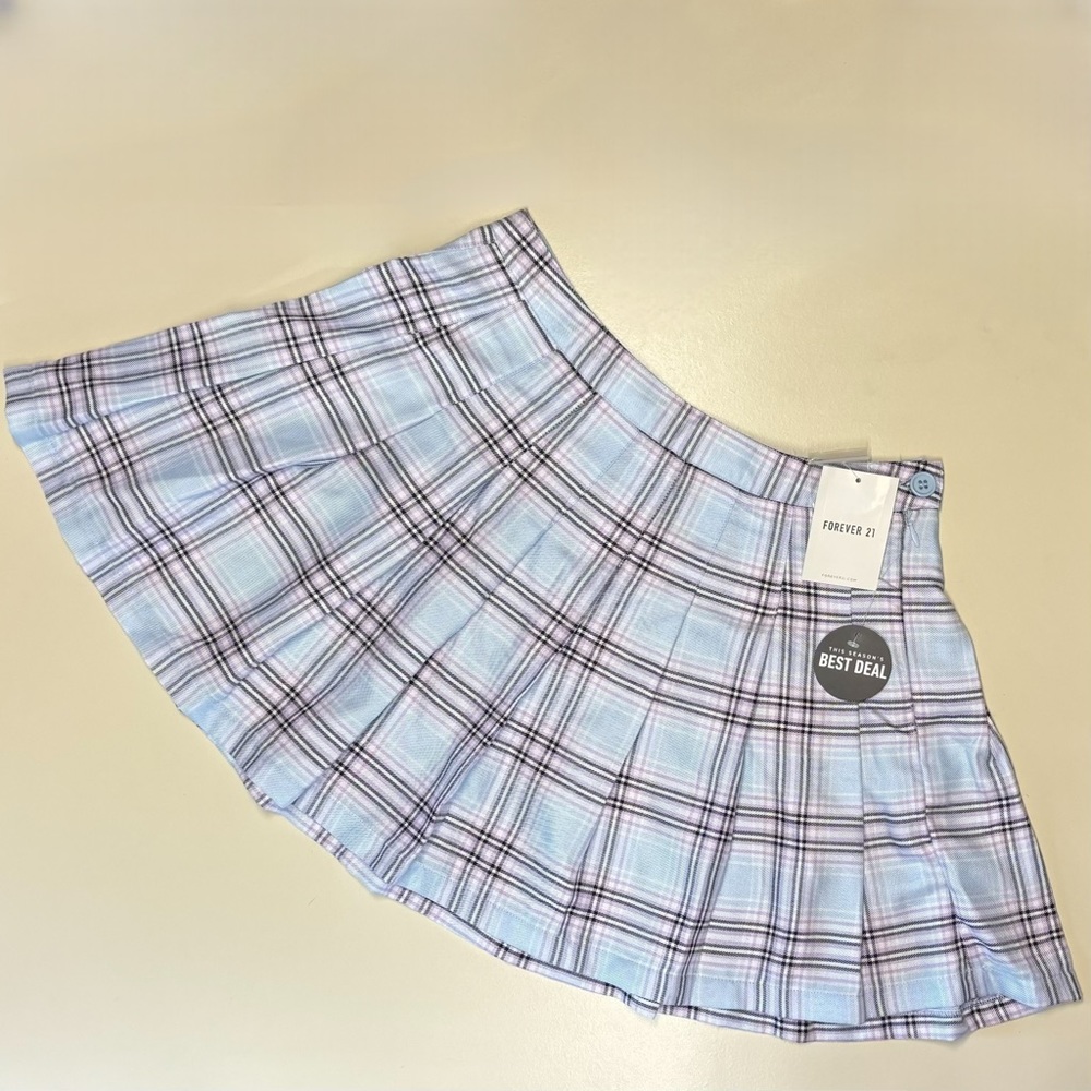 NWT Forever 21 Brand Blue Purple White Black Plaid Miniskirt Size M